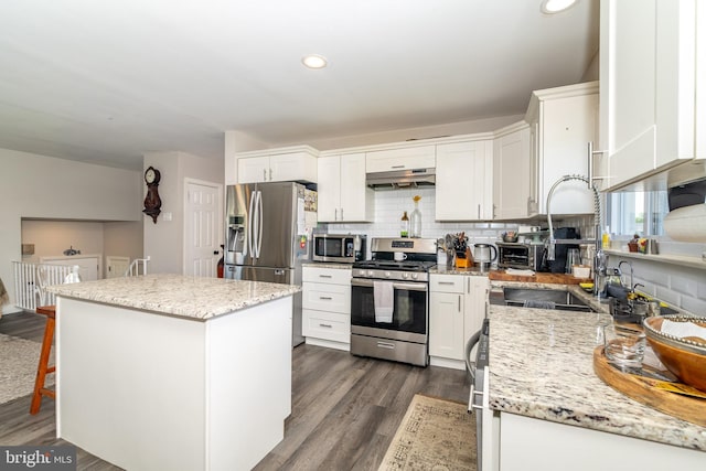 228 Purdue Ave, Pemberton, NJ 08068 - kitchen with appliances with stainless steel finishes, under cabinet range hood, a kitchen island, white cabinetry, and recessed lighting