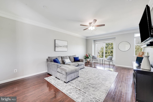 42880 Conrad Ter, Chantilly, VA 20152 - living room featuring baseboards, crown molding, ceiling fan, and dark wood-style floors