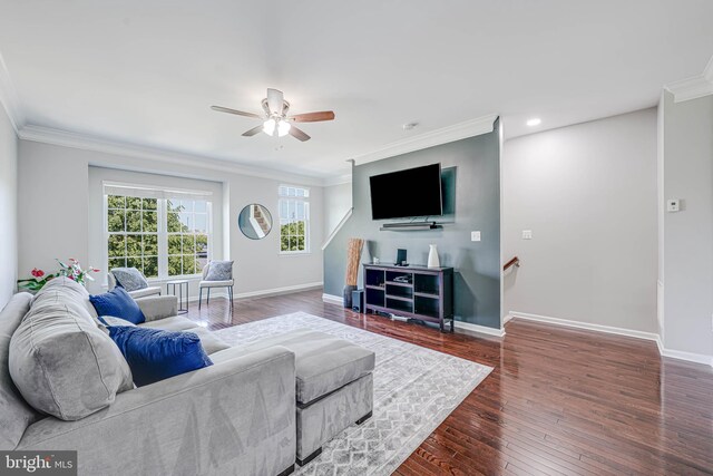 42880 Conrad Ter, Chantilly, VA 20152 - living area with crown molding, a ceiling fan, baseboards, and wood finished floors