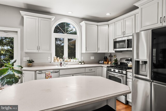 kitchen with a wealth of natural light, stainless steel appliances, light countertops, and a sink