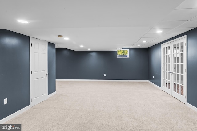 below grade area with recessed lighting, carpet, and baseboards