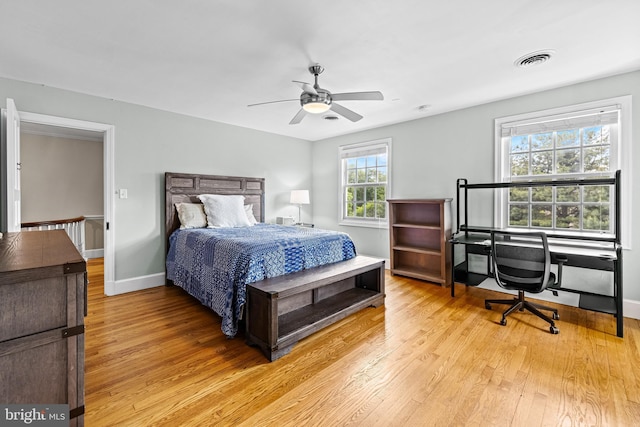 bedroom featuring light wood finished floors, baseboards, and a ceiling fan