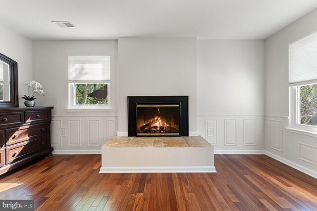 details featuring visible vents, wood finished floors, and a fireplace