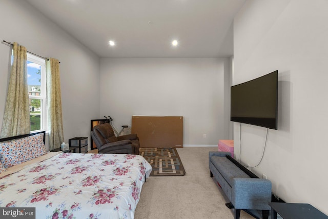 carpeted bedroom with recessed lighting and baseboards