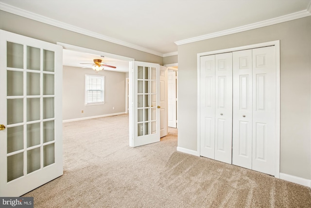 21130 Haystack Ct, Ashburn, VA 20147 - unfurnished bedroom featuring carpet, ornamental molding, baseboards, french doors, and a closet