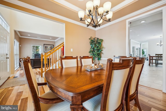 502 Leaning Oak St, Gaithersburg, MD 20878 - dining room with a chandelier, stairway, ornamental molding, light wood-style flooring, and recessed lighting