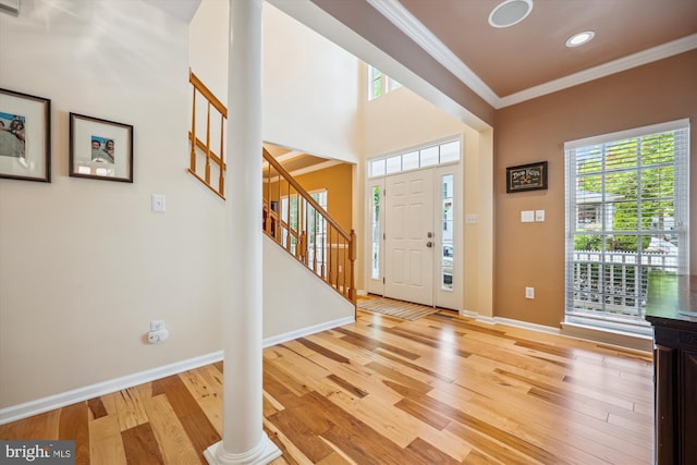 502 Leaning Oak St, Gaithersburg, MD 20878 - entryway with ornamental molding, light wood-style flooring, stairway, baseboards, and recessed lighting