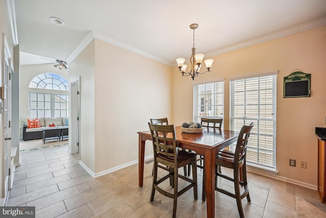 502 Leaning Oak St, Gaithersburg, MD 20878 - dining space with a chandelier, crown molding, baseboards, ceiling fan, and light tile patterned flooring