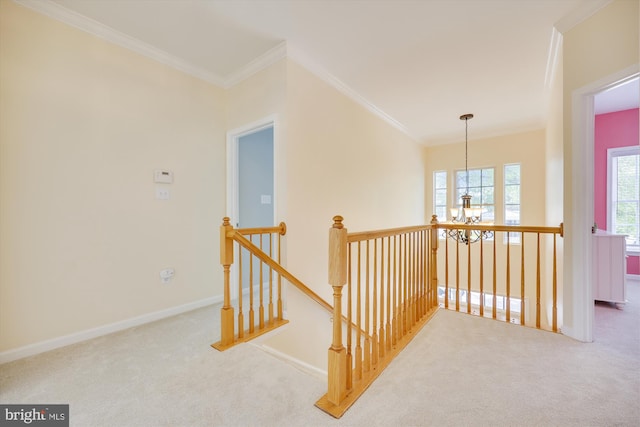 502 Leaning Oak St, Gaithersburg, MD 20878 - hallway featuring an upstairs landing, a chandelier, carpet flooring, crown molding, and baseboards