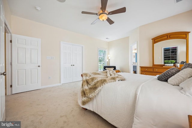 502 Leaning Oak St, Gaithersburg, MD 20878 - bedroom featuring light colored carpet, a closet, a ceiling fan, baseboards, and ensuite bath