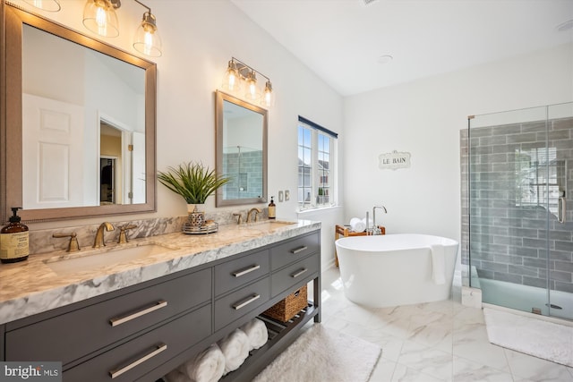 502 Leaning Oak St, Gaithersburg, MD 20878 - bathroom featuring double vanity, a stall shower, a soaking tub, and marble finish floors