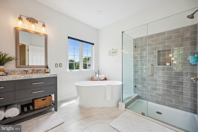 502 Leaning Oak St, Gaithersburg, MD 20878 - bathroom with a shower stall, vanity, a freestanding tub, and marble finish floors