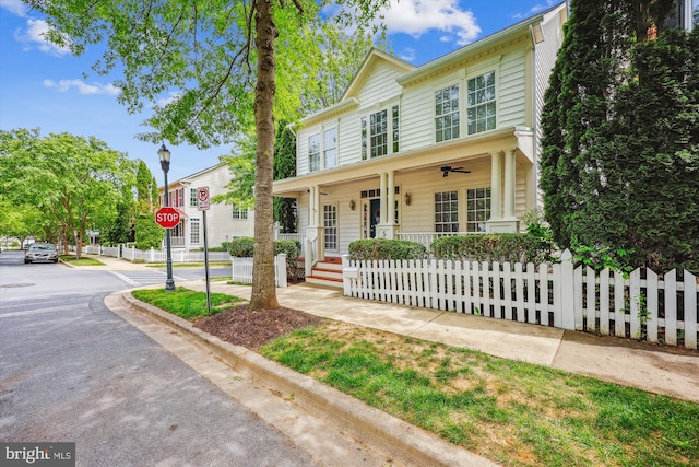 502 Leaning Oak St, Gaithersburg, MD 20878 - view of front of home featuring a porch, a fenced front yard, and a ceiling fan
