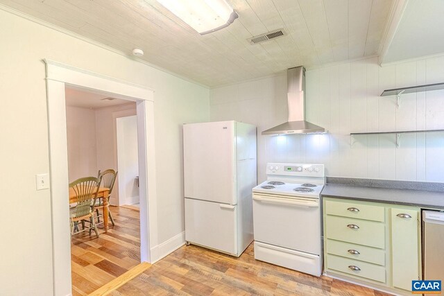 551 Bremo Rd, Bremo Bluff, VA 23022 - kitchen featuring wall chimney range hood, green cabinetry, white appliances, light wood-type flooring, and visible vents
