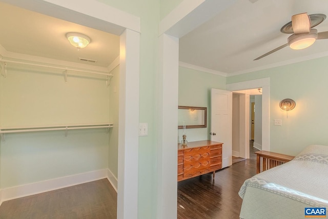 551 Bremo Rd, Bremo Bluff, VA 23022 - bedroom with a ceiling fan, visible vents, wood finished floors, baseboards, and ornamental molding