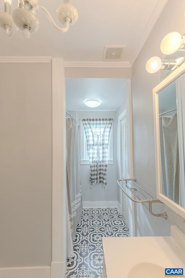551 Bremo Rd, Bremo Bluff, VA 23022 - bathroom with vanity, a shower with curtain, tile patterned floors, and visible vents