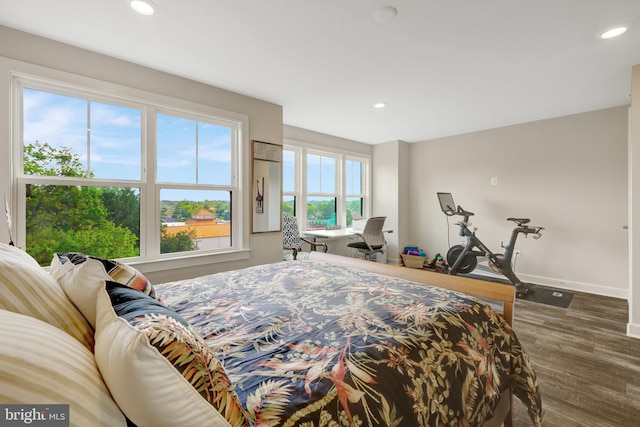 bedroom with baseboards, recessed lighting, and wood finished floors
