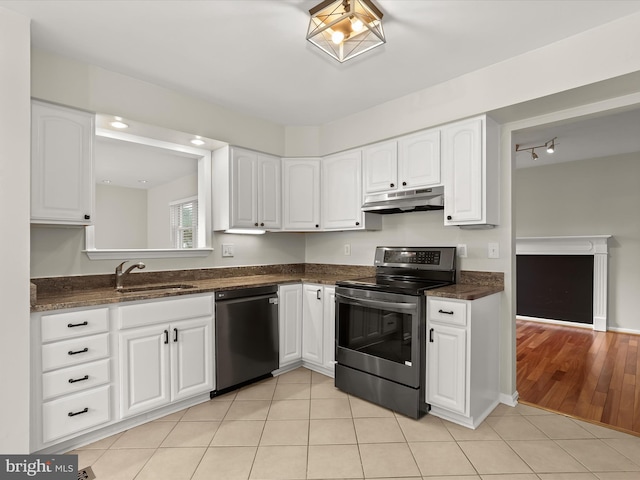 3826 Perryhurst, Nottingham, MD 21236 - kitchen with dishwasher, electric stove, under cabinet range hood, a sink, and white cabinets