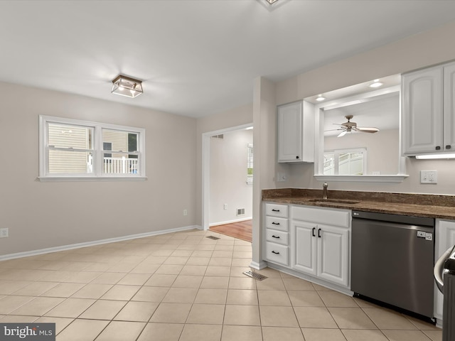 3826 Perryhurst, Nottingham, MD 21236 - kitchen featuring dishwasher, a sink, a ceiling fan, and white cabinetry