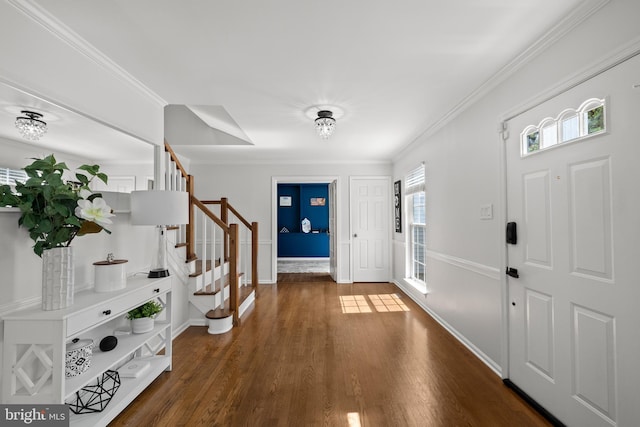 entrance foyer with crown molding, baseboards, wood finished floors, and stairway