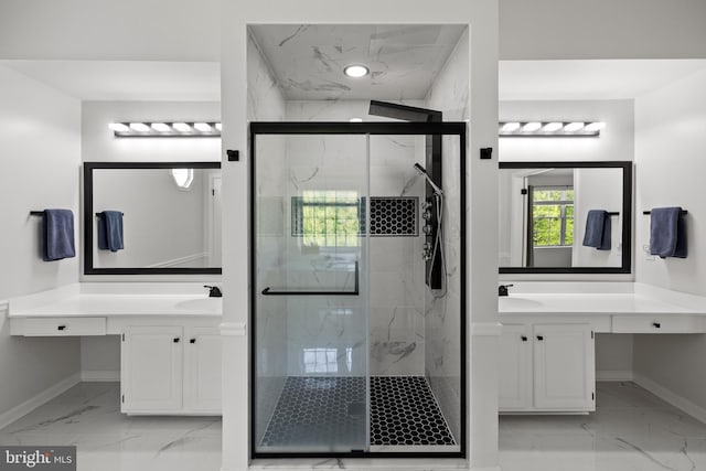 full bathroom featuring baseboards, a marble finish shower, and marble finish floor