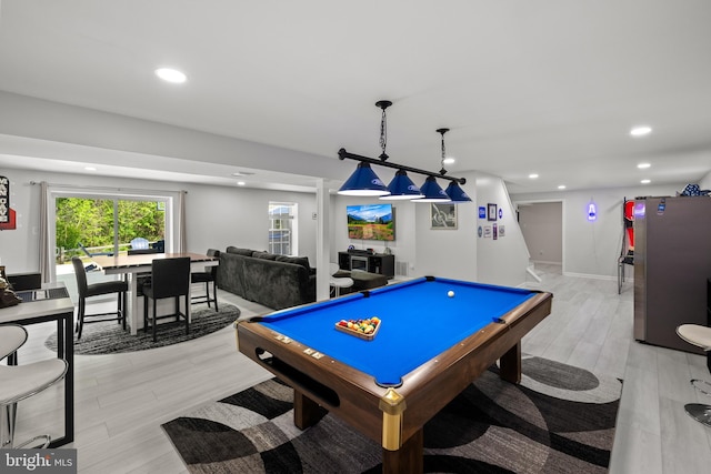 playroom with recessed lighting, pool table, and light wood finished floors
