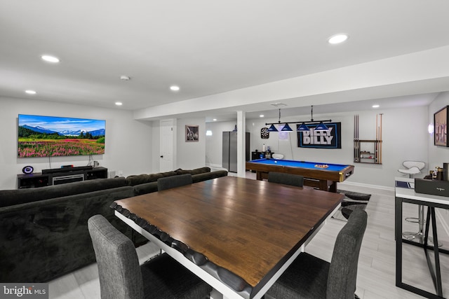 recreation room featuring recessed lighting, pool table, baseboards, and light wood-style floors