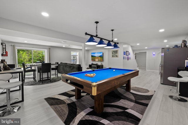 game room with recessed lighting, pool table, and light wood-type flooring