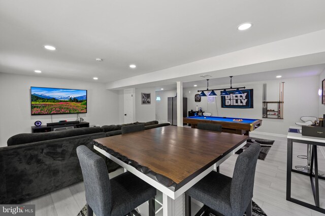 dining room with pool table, baseboards, light wood-type flooring, and recessed lighting