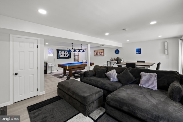 living area with recessed lighting, billiards, baseboards, and light wood-type flooring