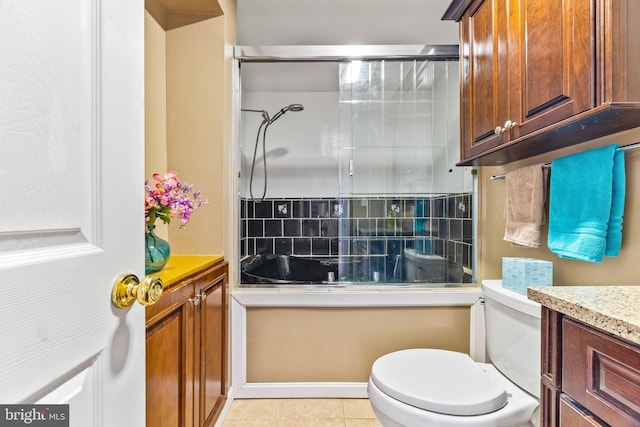 full bath featuring tile patterned floors, decorative backsplash, vanity, bath / shower combo with glass door, and toilet
