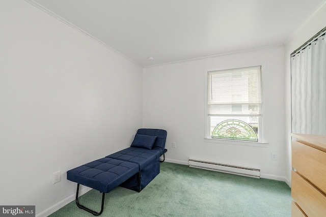 7010 Dover Ave, North Beach, MD 20714 - sitting room featuring a baseboard heating unit, carpet floors, ornamental molding, and baseboards