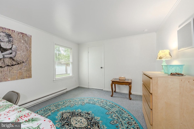 7010 Dover Ave, North Beach, MD 20714 - bedroom with baseboard heating, crown molding, baseboards, and carpet floors