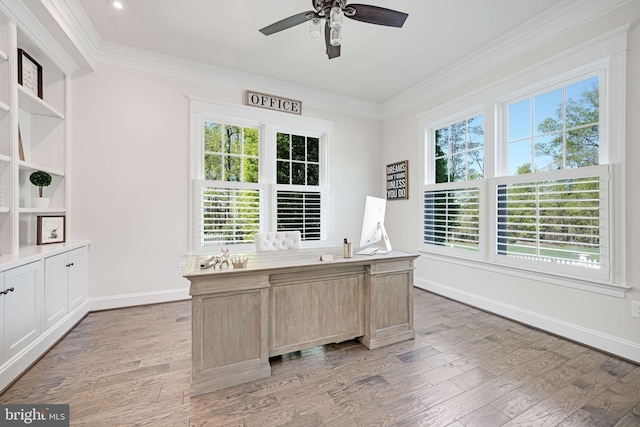 41972 Paddock Gate Pl, Ashburn, VA 20148 - unfurnished office featuring a ceiling fan, baseboards, light wood-style floors, and crown molding