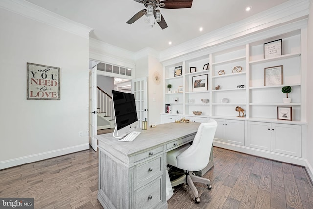 41972 Paddock Gate Pl, Ashburn, VA 20148 - office area with a ceiling fan, ornamental molding, wood finished floors, baseboards, and recessed lighting