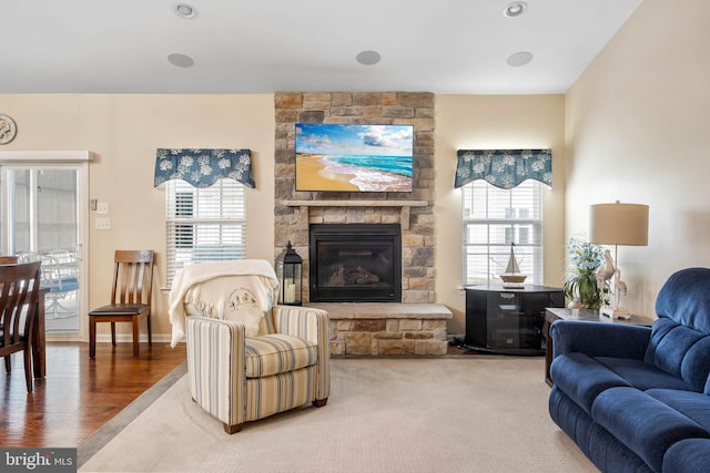 living room with a stone fireplace and wood finished floors