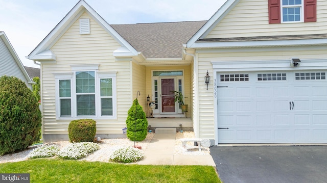 view of front of house with driveway, a shingled roof, and a garage