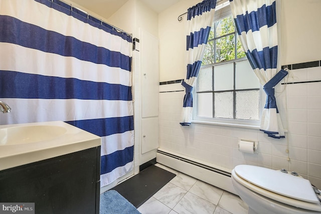 bathroom with vanity, curtained shower, toilet, tile walls, and a baseboard radiator