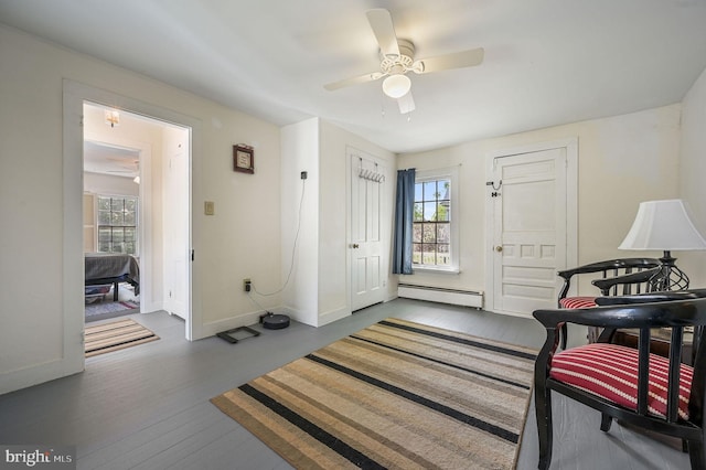 entrance foyer with baseboards, wood finished floors, baseboard heating, and a wealth of natural light
