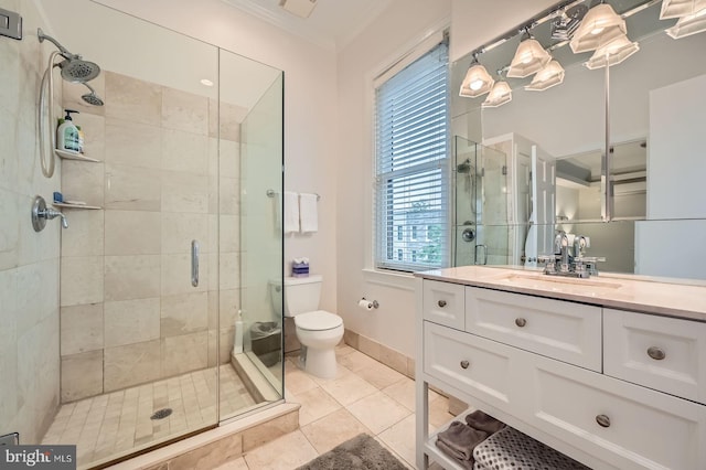 3223 Elliott St, Baltimore, MD 21224 - bathroom with a shower stall, toilet, crown molding, plenty of natural light, and tile patterned flooring