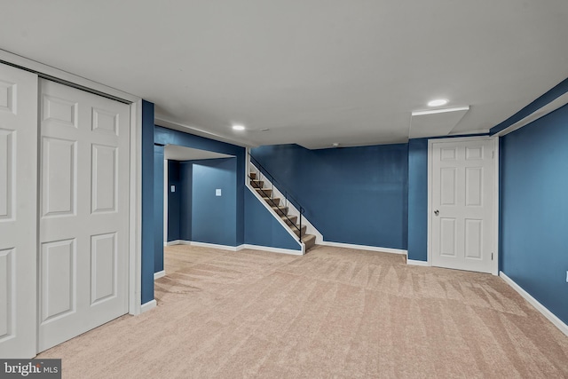6842 Queens Ferry Rd, Baltimore, MD 21239 - finished below grade area with carpet, baseboards, stairway, and recessed lighting