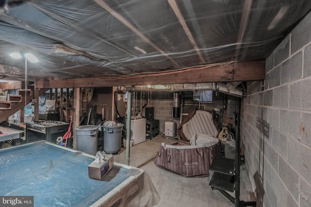 unfinished below grade area featuring concrete block wall and electric panel