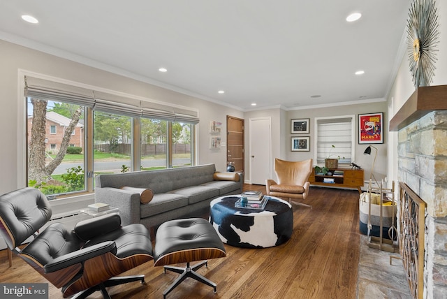 2006 Scroggins Rd, Alexandria, VA 22302 - living area featuring recessed lighting, ornamental molding, wood finished floors, and a fireplace