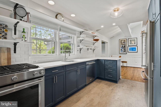 2006 Scroggins Rd, Alexandria, VA 22302 - kitchen featuring open shelves, a sink, a peninsula, stainless steel appliances, and light wood-style flooring