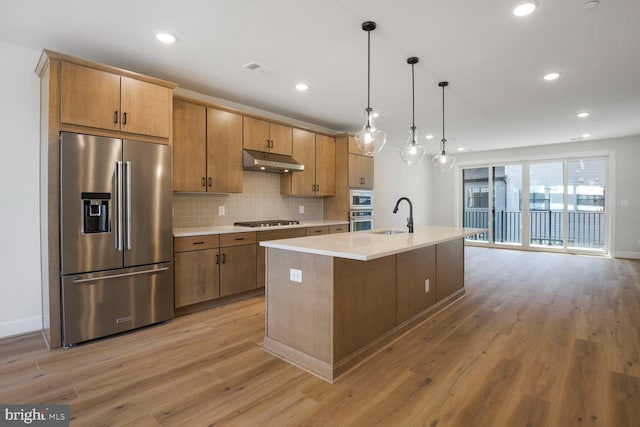 kitchen with a sink, appliances with stainless steel finishes, light wood-style floors, light countertops, and under cabinet range hood