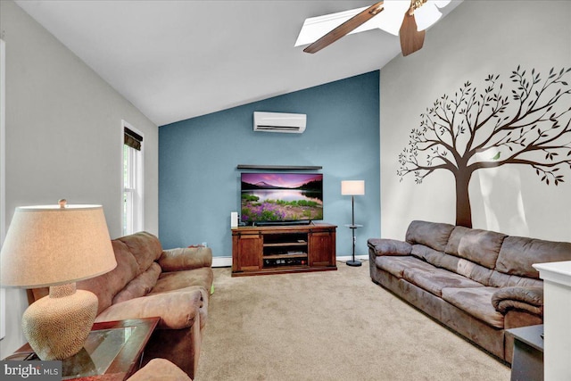 carpeted living area featuring a wall unit AC, vaulted ceiling, a ceiling fan, a skylight, and baseboards