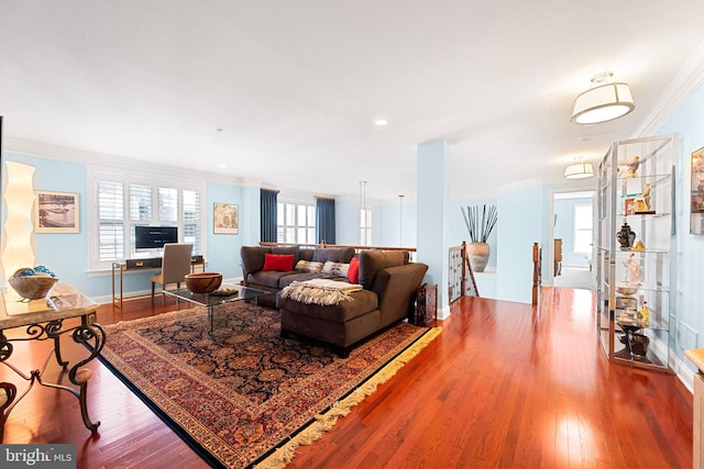 living room with crown molding and wood finished floors