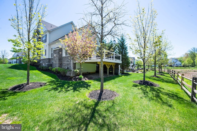view of yard with fence and a wooden deck