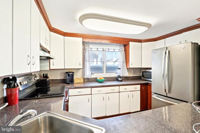 kitchen with white cabinets, stainless steel appliances, dark countertops, and under cabinet range hood