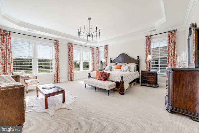 bedroom featuring a raised ceiling, light carpet, an inviting chandelier, and crown molding